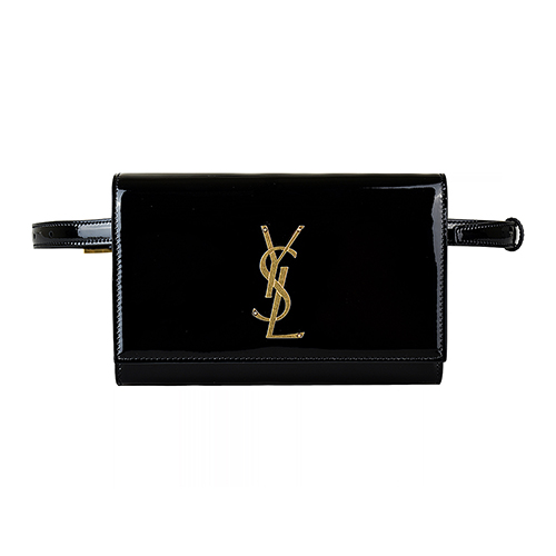 YSL SAINT LAURENT經典金字LOGO漆皮釦式腰包(黑)