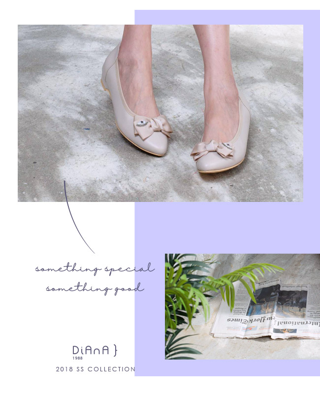 DIANA 青春潮流--鑲眼蝴蝶結真皮尖頭低跟鞋-卡其