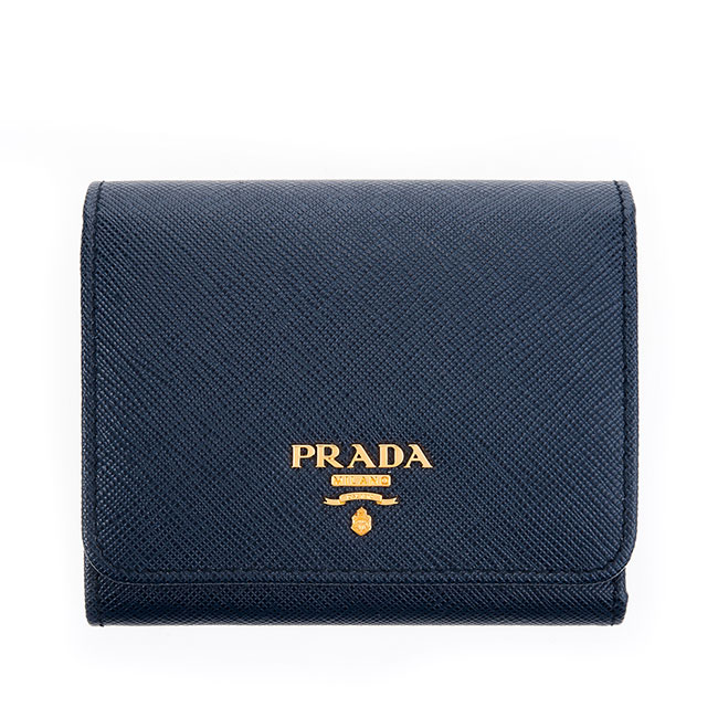 PRADA 經典浮雕金字LOGO十字紋防刮牛皮扣式三折短夾 (深藍)