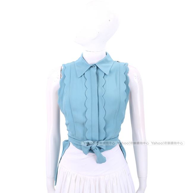 ELISABETTA FRANCHI 花瓣荷葉細節霧水藍綁帶雪紡襯衫