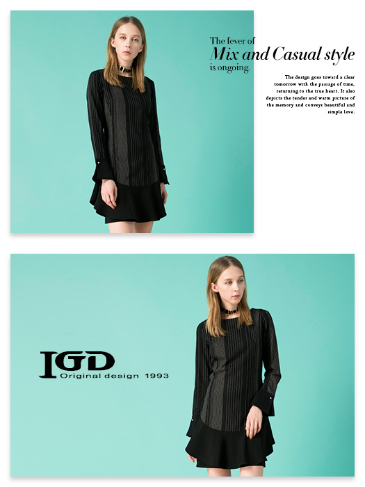 IGD英格麗 條紋剪接珍珠釘珠寬袖洋裝-黑
