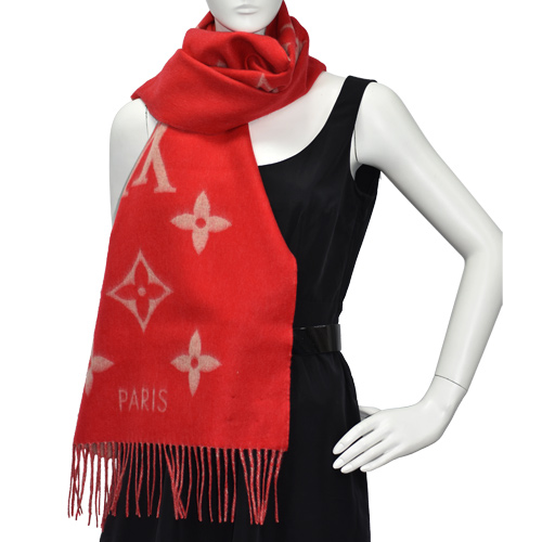 LV M70813 經典Reykjavik系列 Monogram織花羊絨雙面針織圍巾(紅)