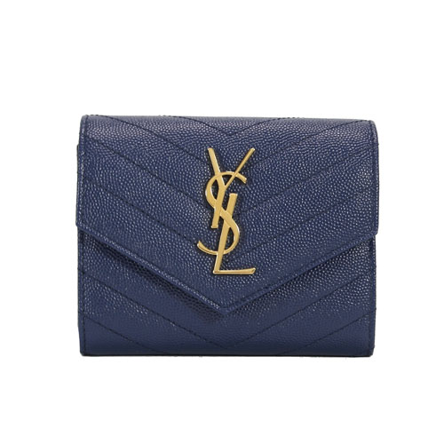 YSL MONOGRAM 魚子醬牛皮信封釦式中夾(藍色)