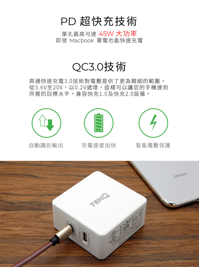 TEKQ PD QC3.0 57W iphone 平板電腦 快速旅行萬用充電器