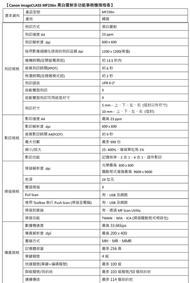 【Canon】imageCLASS MF236n 黑白網路雷射多功能複合機