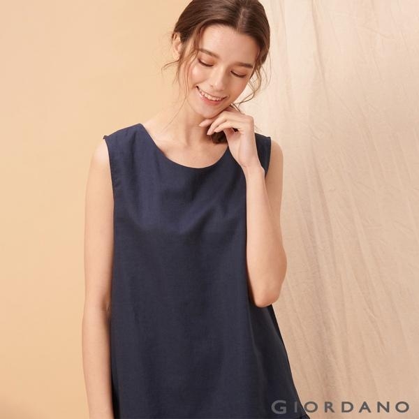 GIORDANO 女裝自然棉麻系列無袖連身裙-66 標誌海軍藍