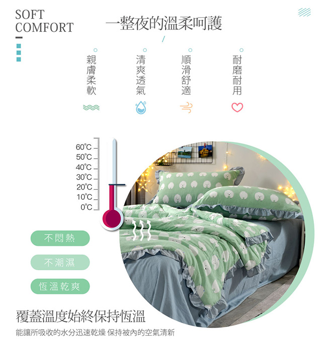 FOCA萌熊熊-綠in清新- 韓款浪漫荷葉邊抗菌水洗輕柔棉空調被