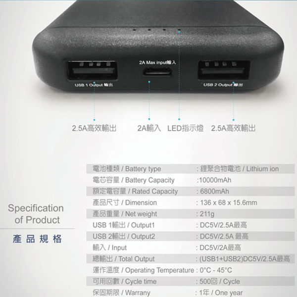 Verbatim 威寶 2.5A雙輸出 10000mAh 行動電源 鋰聚合物電池