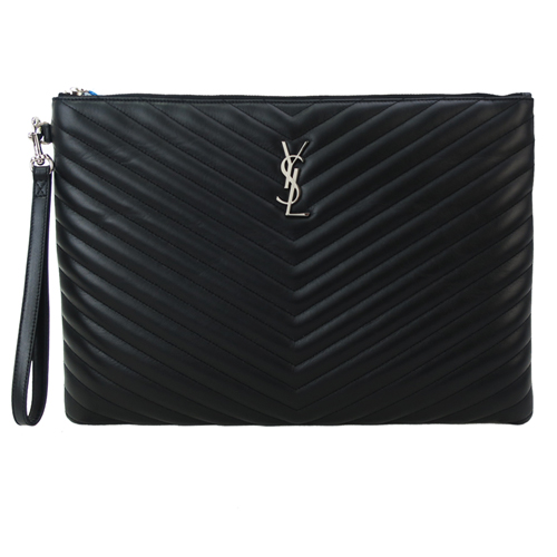 YSL 經典MONOGRAM V縫線 金LOGO大手拿包(特大/黑)