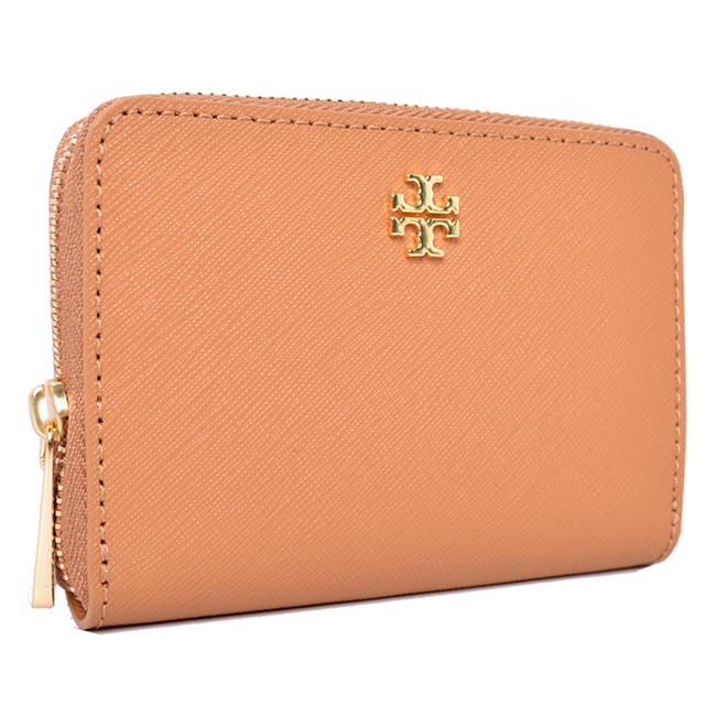 TORY BURCH EMERSON 經典LOGO防刮皮革拉鍊零錢包-奶茶色