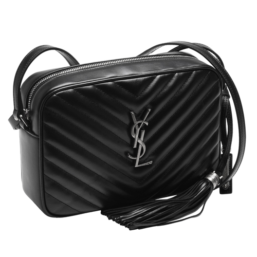 YSL MONOGRAM系列車縫V字紋小牛皮復古金屬LOGO銀鍊流蘇拉鍊肩/斜背包(黑)
