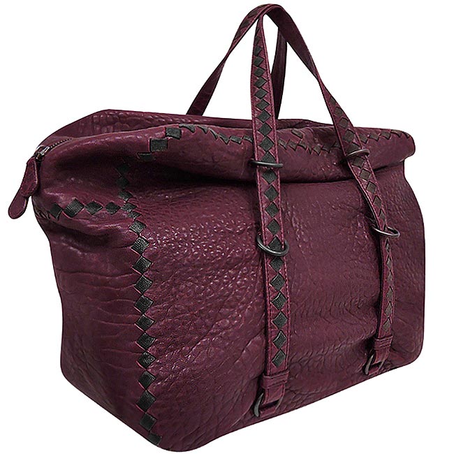 BOTTEGA VENETA 咖啡紅編織小羊皮波士頓包-大型