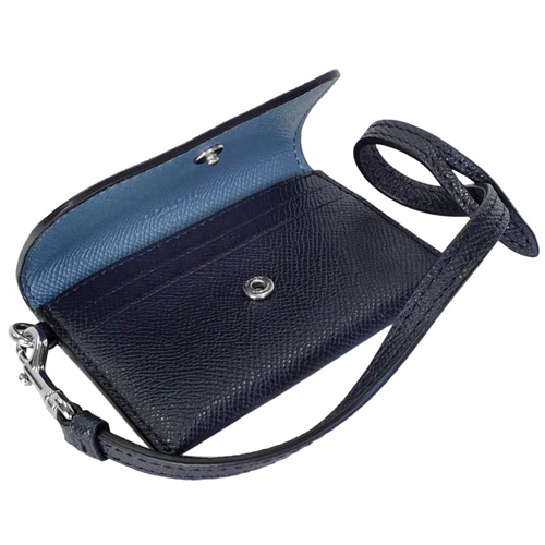 COACH深藍防刮全皮鉚釘手掛釦式翻摺名片卡夾