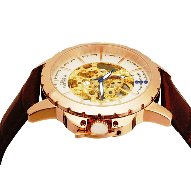 Manlike 曼莉萊克 藍寶石鏤空雕花機械腕錶【玫色/咖帶/白面】