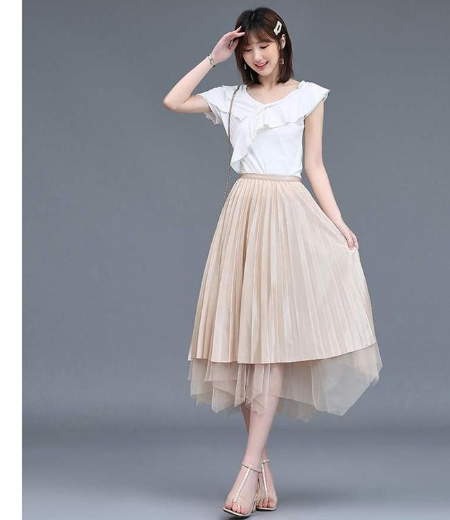 La Belleza兩面穿假兩件網紗拼接緞面百褶裙光澤感亮面大擺裙