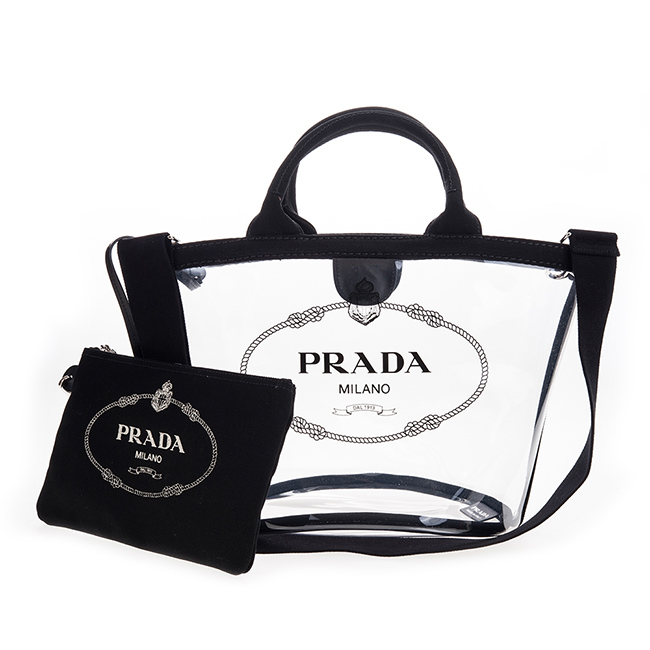 PRADA 透明PVC印字LOGO手提/肩背兩用水桶包附小袋 (小/黑色)