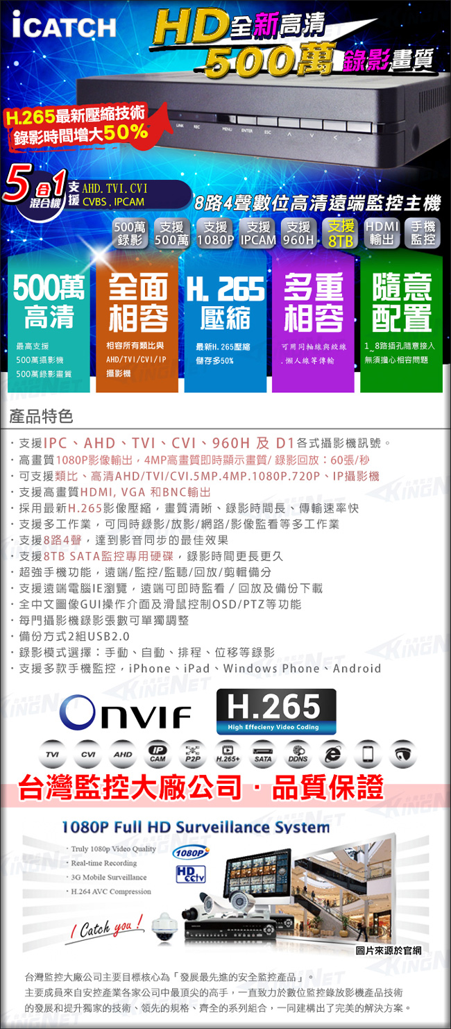 監視器攝影機 - KINGNET 可取大廠 Icatch 8路監控主機 DVR