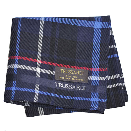 TRUSSARDI 貴族犬正方格字母LOGO帕領巾(深藍格)