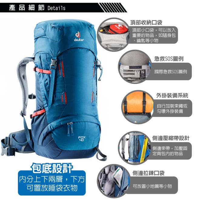 德國 Deuter Fox 40+4L 專業輕量拔熱透氣背包_藍/深藍