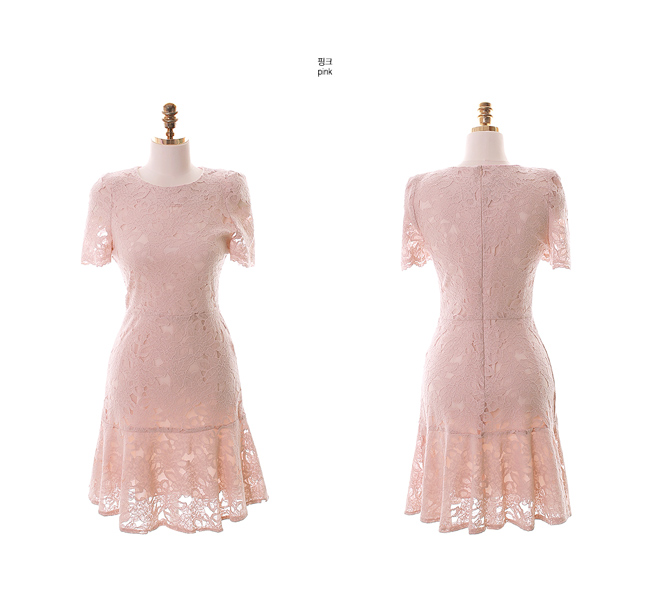 洋裝 正韓圓領蕾絲荷葉裙襬修身短袖洋裝(粉) N2