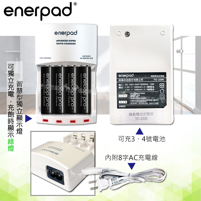 enerpad 智慧型急速充電器+國際牌eneloop PRO 黑鑽款3號充電電池(4入)