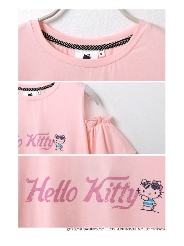 夏日系列Kitty高含棉印圖網紗拼接荷葉袖上衣-OB大尺碼