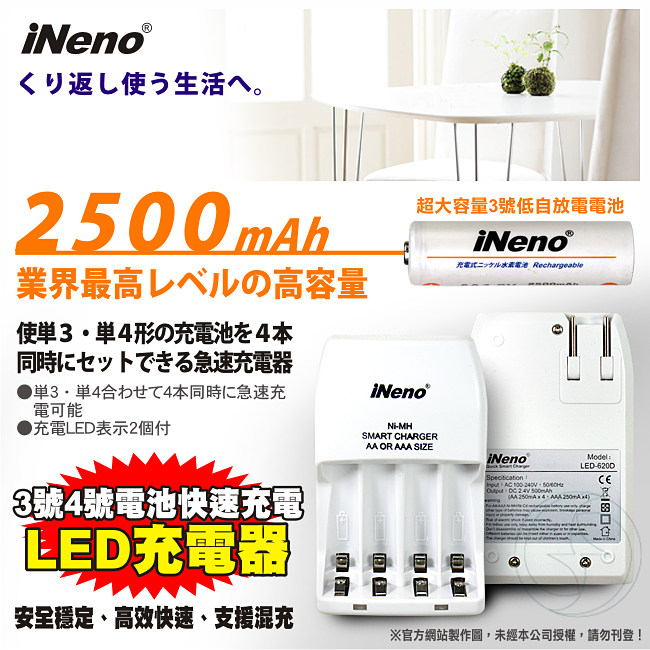 iNeno LED四插槽充電器附3號低自放鎳氫充電電池4入