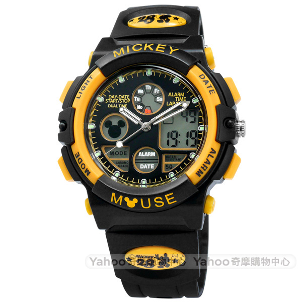 Disney 迪士尼雙顯米奇系列計時日本機芯兒童卡通橡膠手錶-黃黑色/43mm