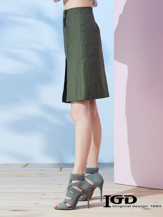 IGD英格麗 復古條紋工裝及膝裙-綠