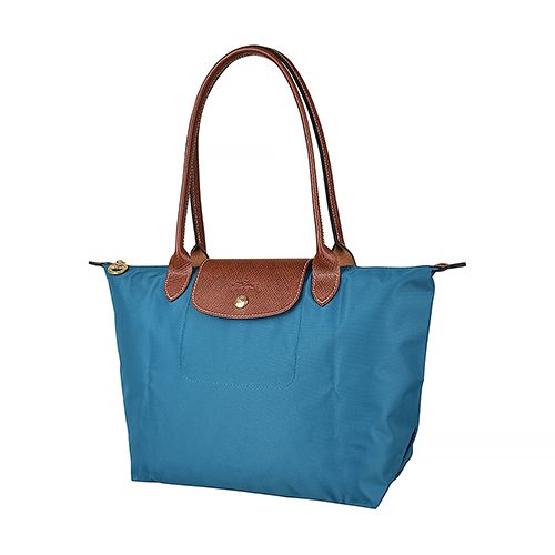 LONGCHAMP LE PLIAGE壓印LOGO長提把尼龍摺疊拉鍊肩背包(小/孔雀藍)