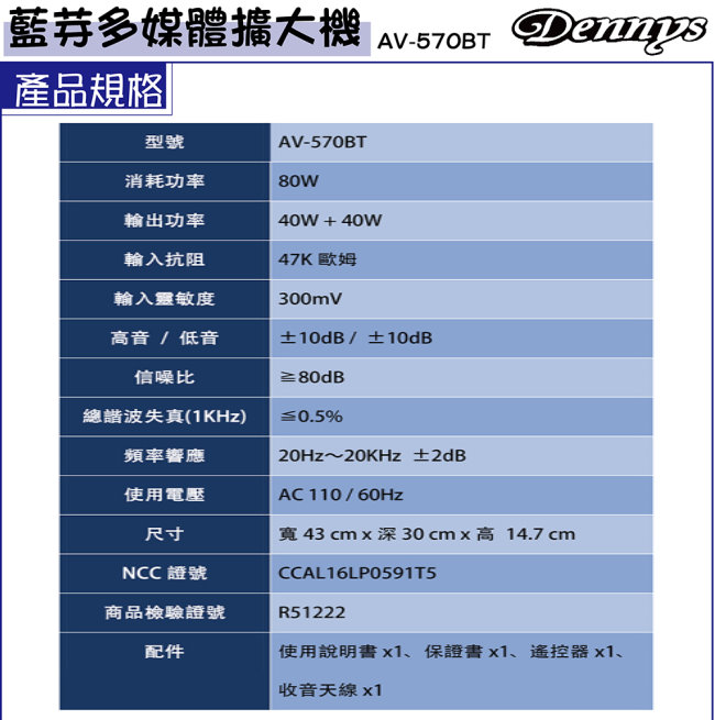 Dennys 藍牙USB/FM/SD/MP3多媒體擴大機(AV-570BT)