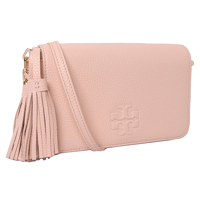 TORY BURCH THEA流蘇荔枝紋縫線LOGO鍊帶斜背方包-芭蕾粉