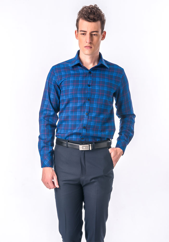 金‧安德森 藍色格紋紅線厚暖窄版長袖襯衫
