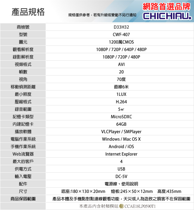 【CHICHIAU】WIFI無線網路高清LED檯燈造型64G-針孔微型攝影機+影音記錄