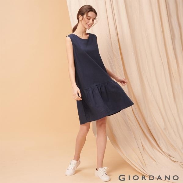 GIORDANO 女裝自然棉麻系列無袖連身裙-66 標誌海軍藍