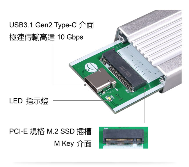 伽利略 M.2(NVMe) PCI-E SSD to USB3.1 Gen2 銀色