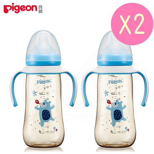 日本《Piegon 貝親》母乳實感雙把手PPSU奶瓶-LL奶嘴/熊/藍 330mlX2