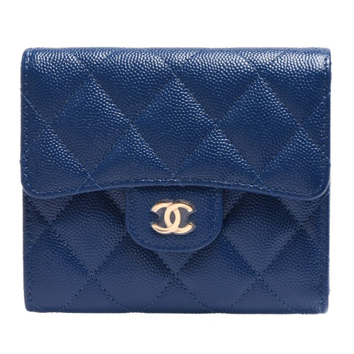 CHANEL 經典金色雙C LOGO菱格紋魚子醬牛皮釦式三折短夾(藍)