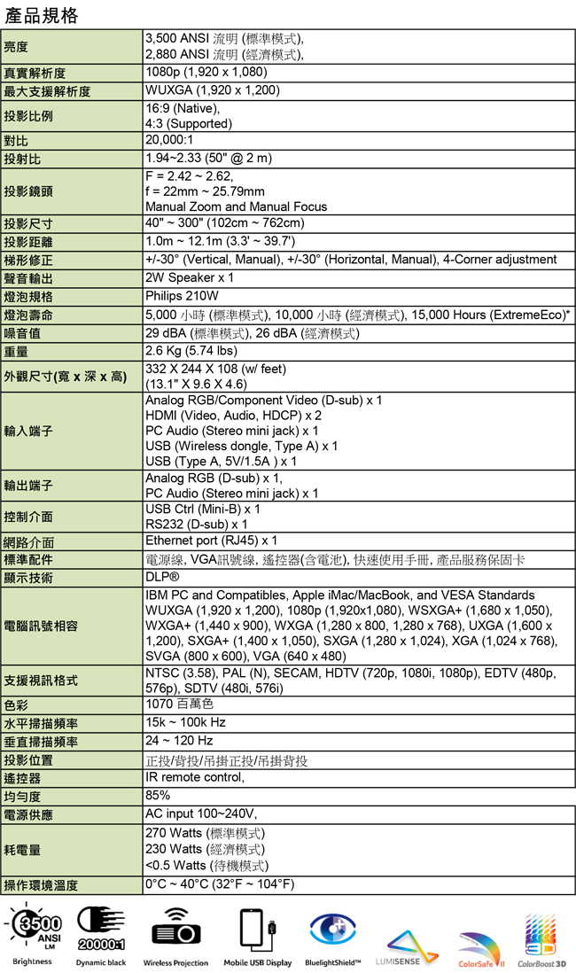 acer H6535i Full HD投影機(3500流明)