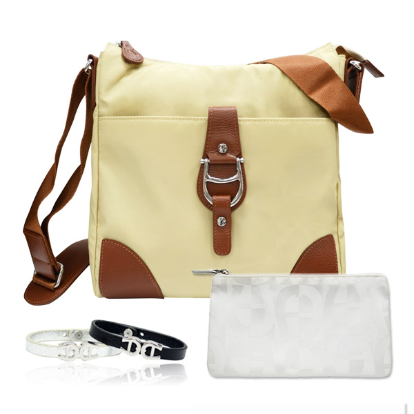 Aigner 愛格納 福袋組 TRCO系列尼龍旅行肩側背包+白色緹花化妝包+小牛皮手環