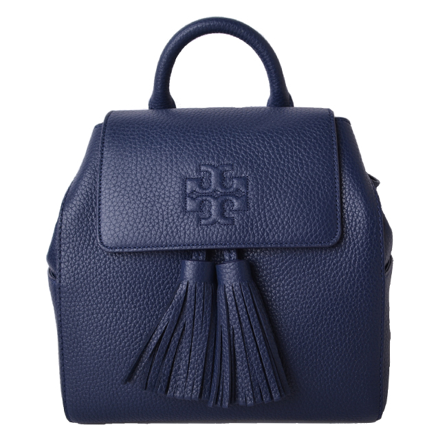 TORY BURCH THEA 流蘇飾荔枝紋精緻LOGO翻蓋束口後背包-海軍藍(mini)