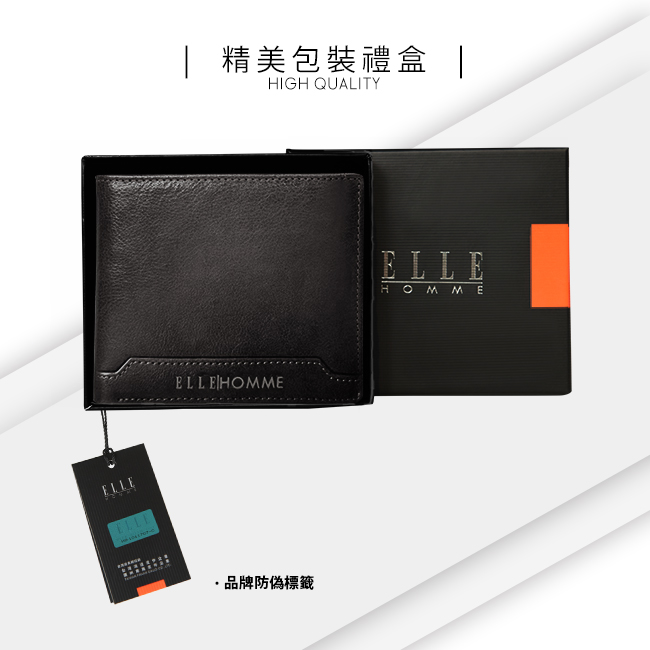 福利品 ELLE HOMME 壓紋Logo3卡上翻窗格真皮短夾-紳士黑