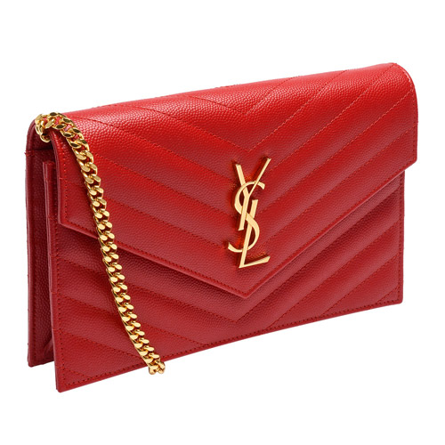 YSL MONOGRAM系列V字縫線魚子醬牛皮金屬LOGO金鍊手拿/肩背包(中國紅)