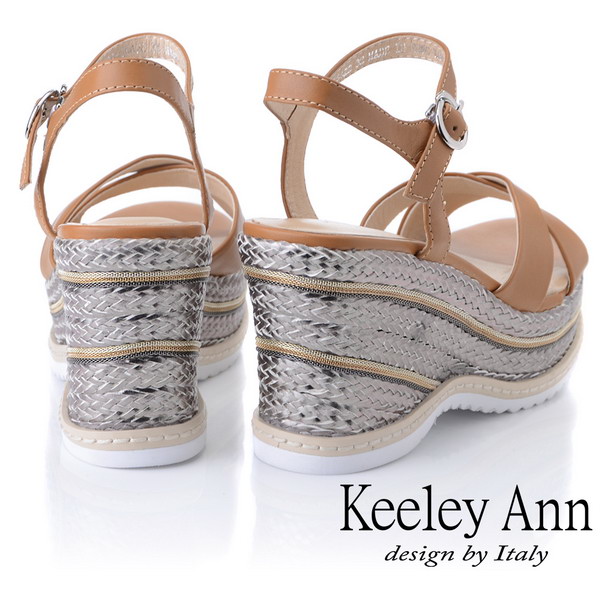 Keeley Ann全真皮 編織撞色交叉楔型涼鞋(棕色-Ann系列)