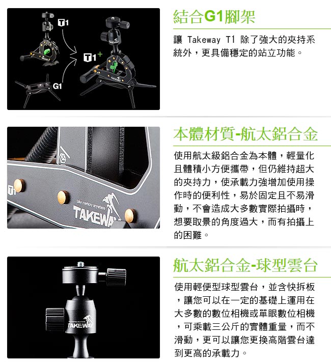 TAKEWAY T1 PLUS鉗式腳架套裝組 (含平板座) TCK001