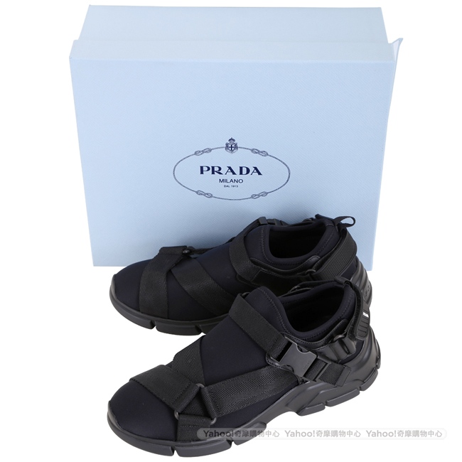 PRADA Neoprene 潛水布料織帶釦運動鞋(女款/黑色)