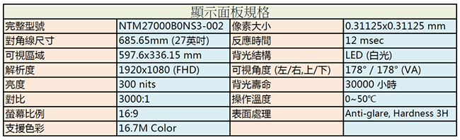 Nextech M系列 27吋 工控螢幕 (無觸控)