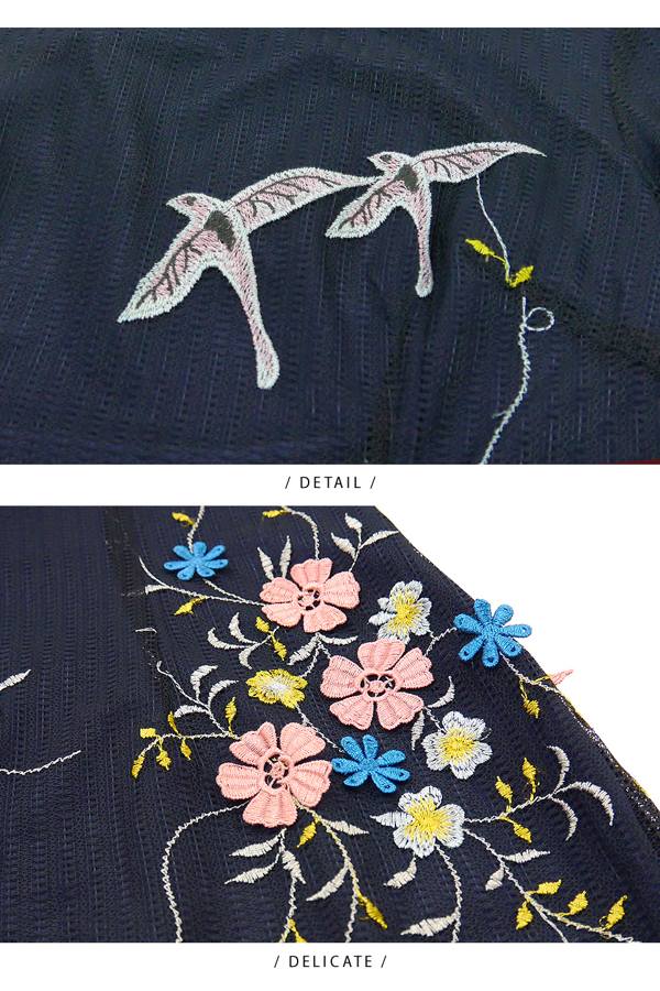 【YIDIE衣蝶】立體花鳥刺繡鏤空網紗短洋裝