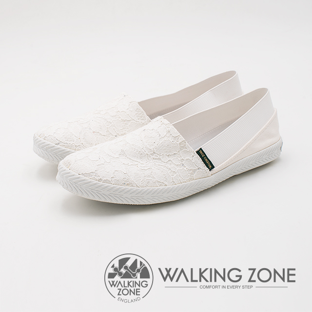 WALKING ZONE 優雅蕾絲懶人帆布鞋 女鞋-白(另有深藍)