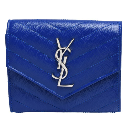 YSL MONOGRAM系列V字縫線魚子醬小牛皮金色金屬LOGO暗釦三摺短夾(寶藍色)